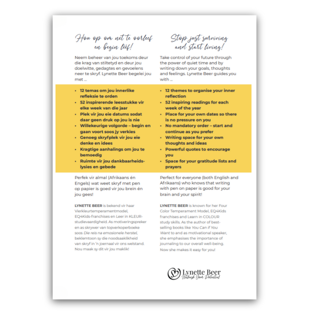A printed card or poster with Dutch and English text about journaling prompts, arranged on a white background with a soft shadow. The card has a white base with gray text and a yellow highlighted section.