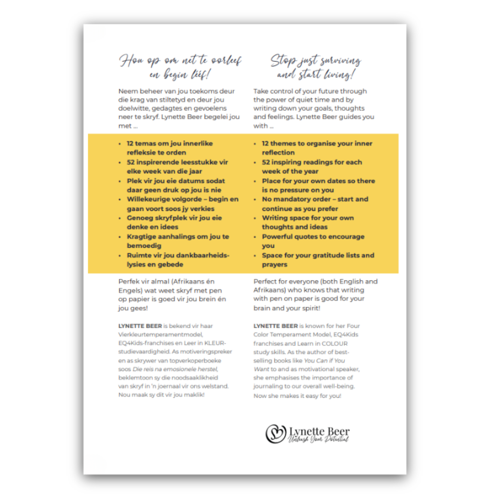 A printed card or poster with Dutch and English text about journaling prompts, arranged on a white background with a soft shadow. The card has a white base with gray text and a yellow highlighted section.
