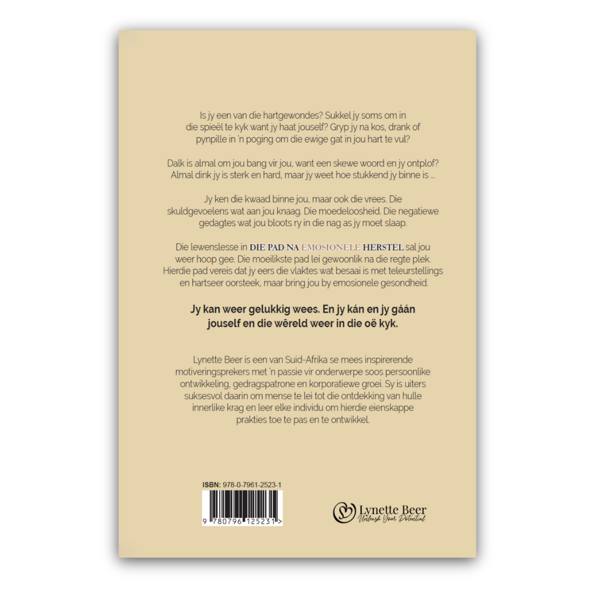 The back cover of a Dutch book by Lyrette Beer, featuring a light beige background with black text, a barcode, and the publisher's logo at the bottom.
