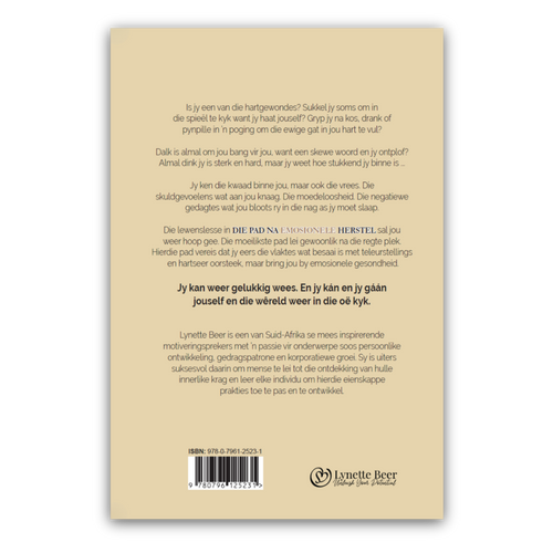 The back cover of a Dutch book by Lyrette Beer, featuring a light beige background with black text, a barcode, and the publisher's logo at the bottom.